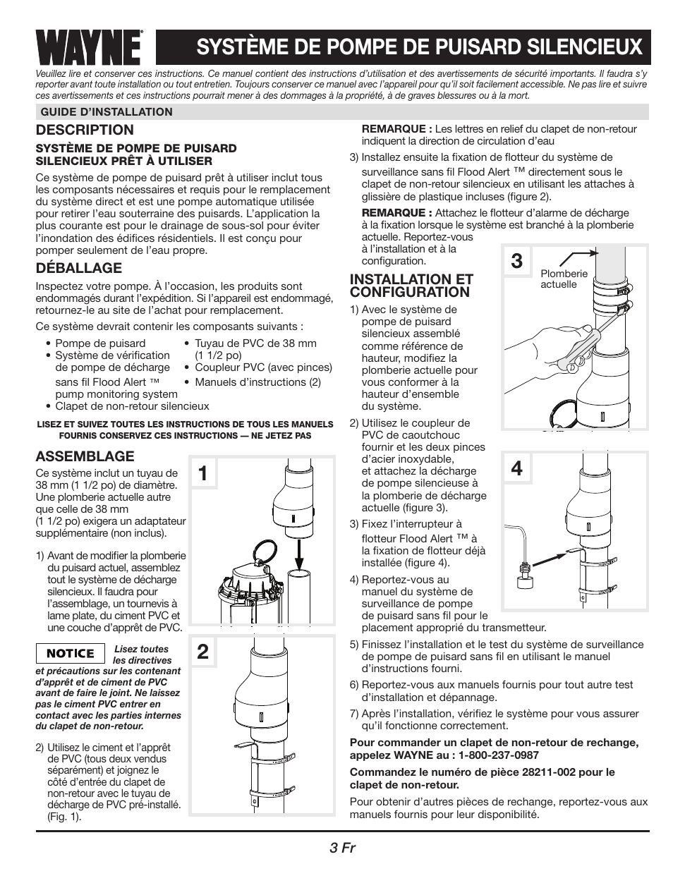 Système de pompe de puisard silencieux, 3 fr description, Déballage | Assemblage, Installation et configuration | Wayne 550100-001 User Manual | Page 3 / 4