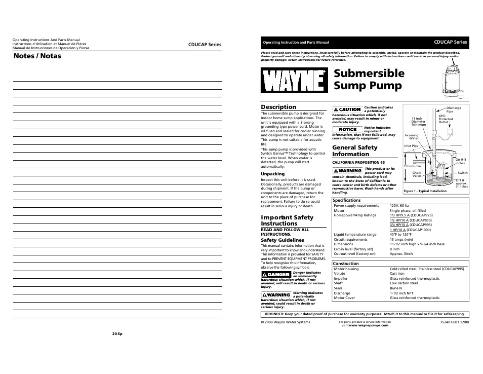 Wayne Submersible Sump Pump CDUCAP Series User Manual | 10 pages