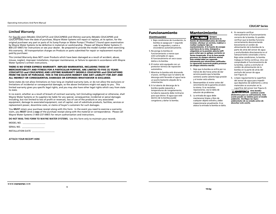 Wayne Submersible Sump Pump CDUCAP Series User Manual | Page 6 / 10