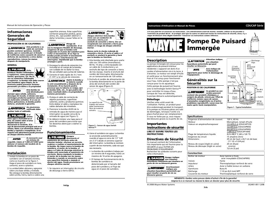Pompe de puisard immergée, D i rectives de sécurité | Wayne Submersible Sump Pump CDUCAP Series User Manual | Page 7 / 10