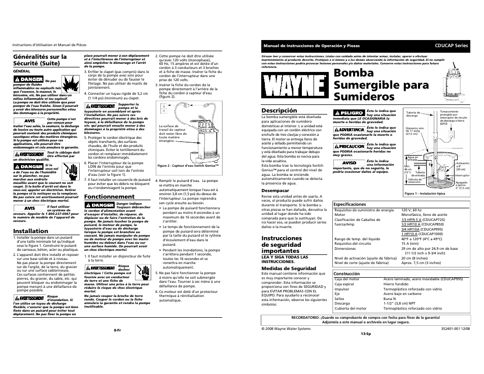 Bomba sumergible para sumideros, Généralités sur la sécurité (suite), Installation | Wayne Submersible Sump Pump CDUCAP Series User Manual | Page 8 / 10