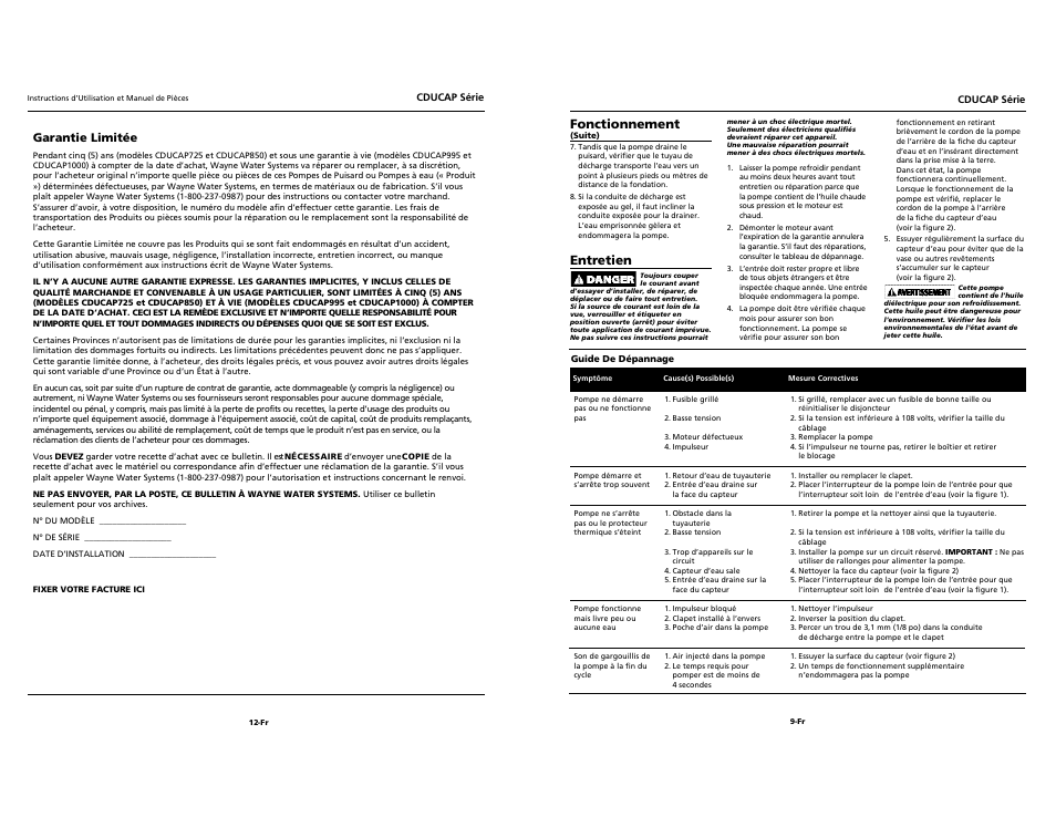 Wayne Submersible Sump Pump CDUCAP Series User Manual | Page 9 / 10