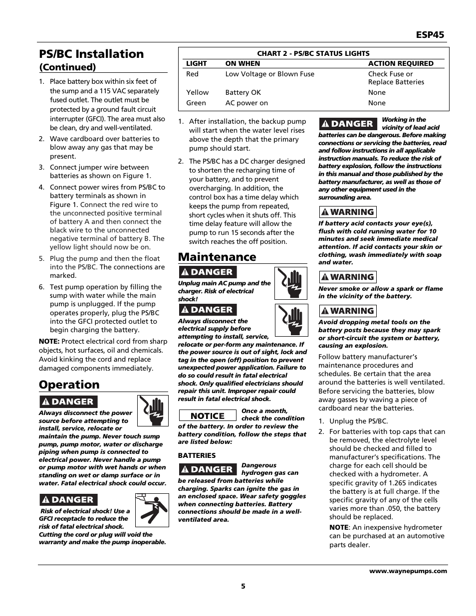Operation, Maintenance, Ps/bc installation | Esp45, Continued) | Wayne 353601-001 User Manual | Page 5 / 8