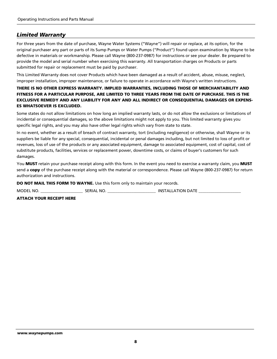 Limited warranty | Wayne 353601-001 User Manual | Page 8 / 8