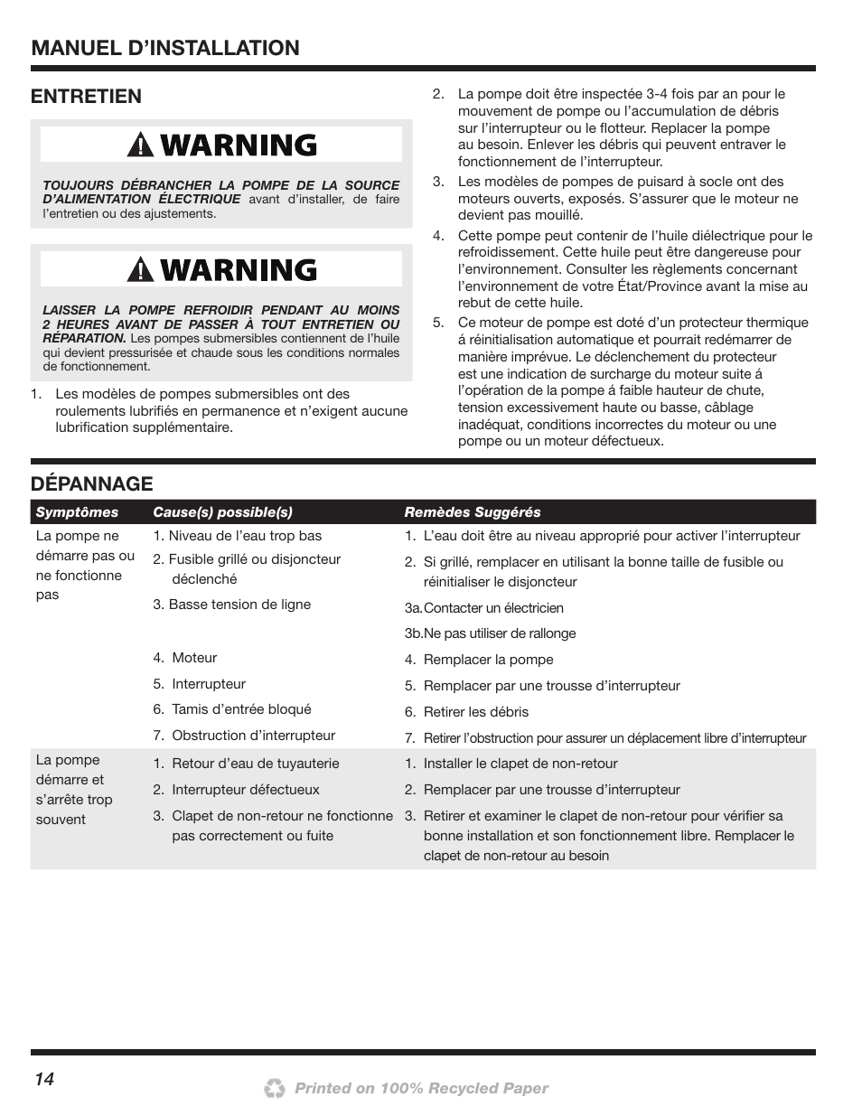 Manuel d’installation, Entretien, Dépannage | Wayne 200000-015 User Manual | Page 14 / 24
