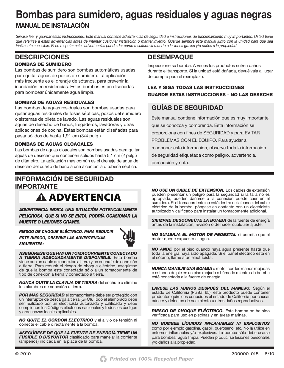 Guías de seguridad, Descripciones, Desempaque | Wayne 200000-015 User Manual | Page 17 / 24