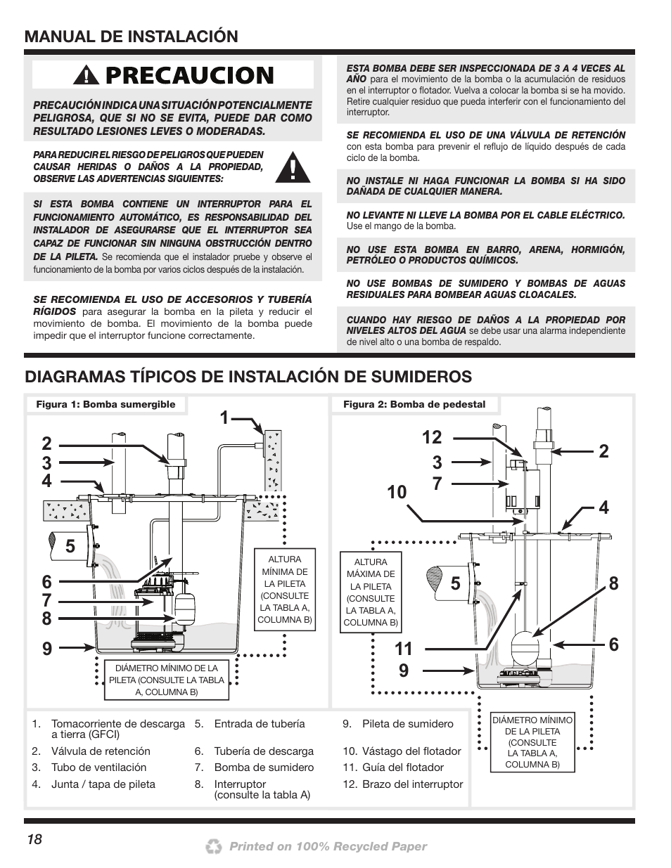 Manual de instalación, Diagramas típicos de instalación de sumideros | Wayne 200000-015 User Manual | Page 18 / 24