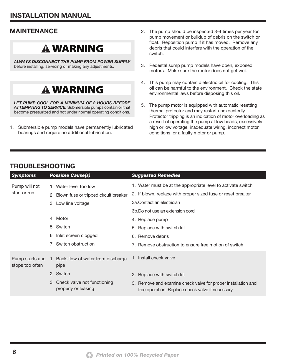 Installation manual, Maintenance, Troubleshooting | Wayne 200000-015 User Manual | Page 6 / 24
