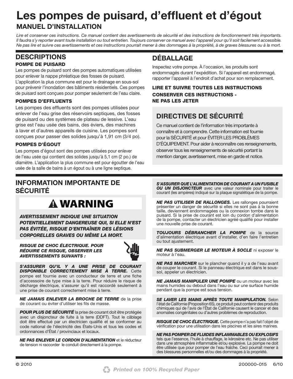 Les pompes de puisard, d’effl uent et d’égout, Directives de sécurité, Descriptions | Déballage | Wayne 200000-015 User Manual | Page 9 / 24