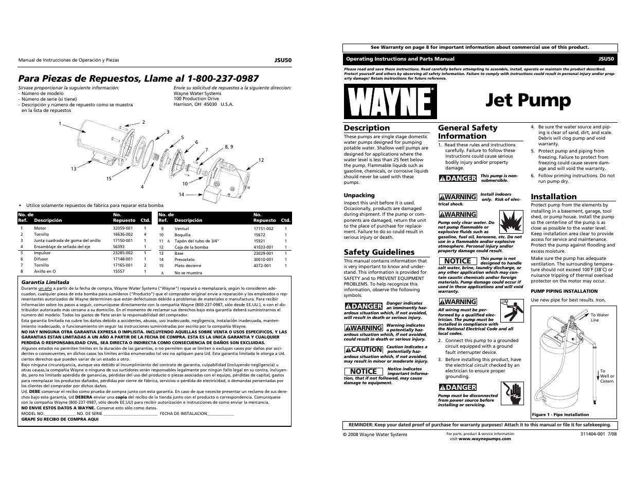 Wayne Jet Pump JSU50 User Manual | 12 pages