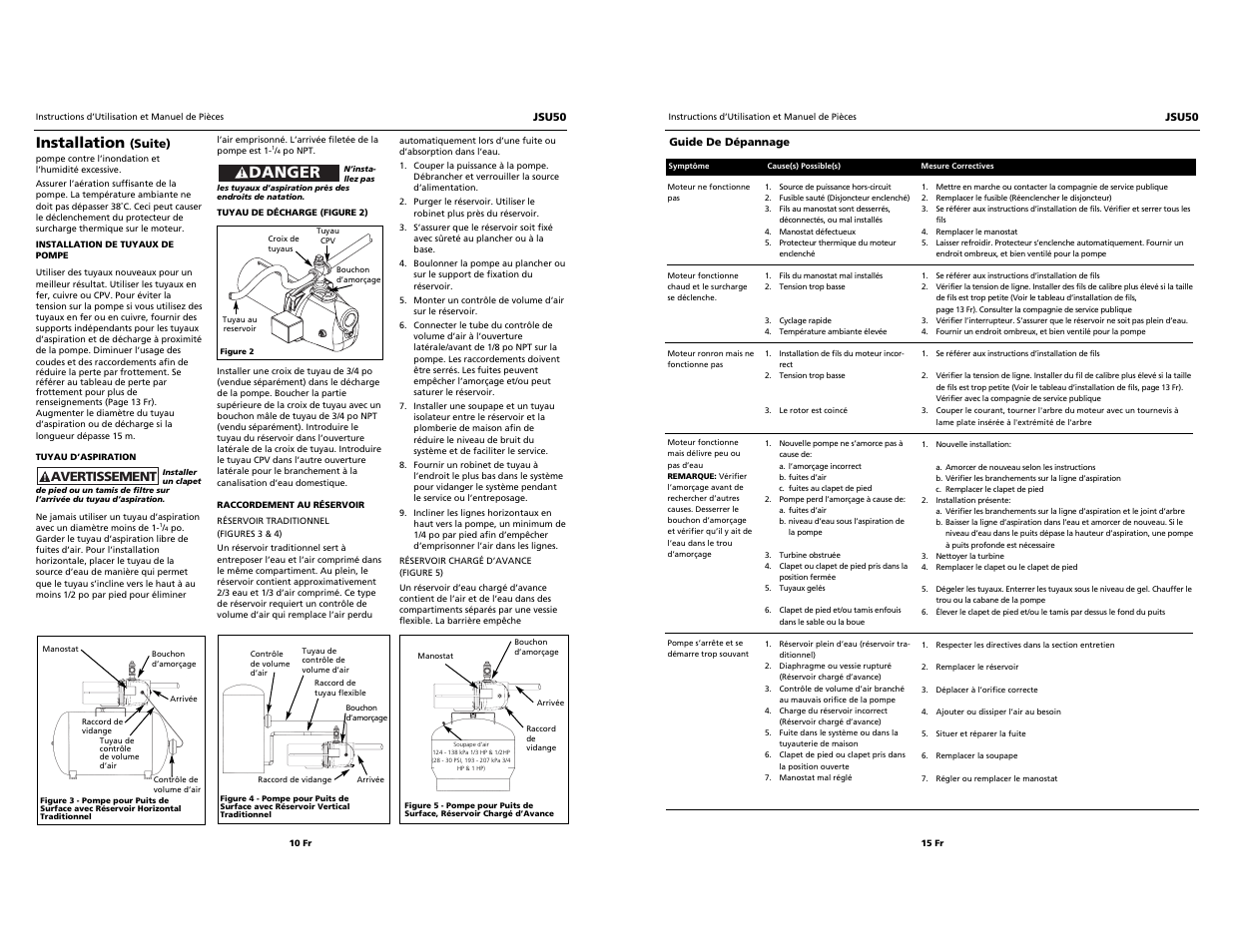 Danger, Installation, Avertissement | Wayne Jet Pump JSU50 User Manual | Page 10 / 12