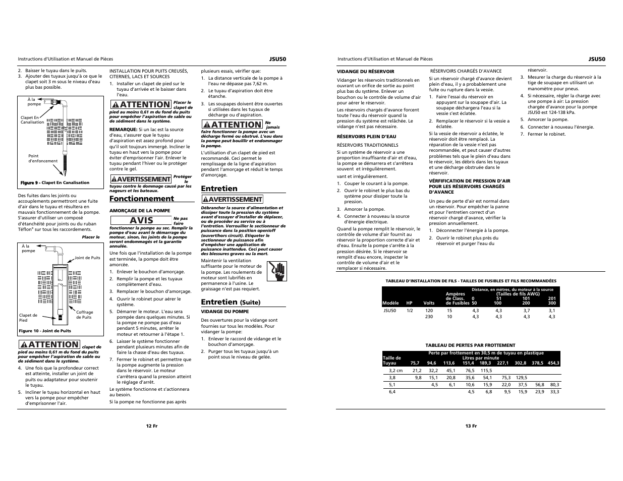 Attention, Avis, Entretien | Fonctionnement | Wayne Jet Pump JSU50 User Manual | Page 12 / 12