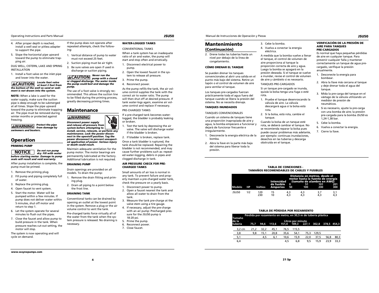 Mantenimiento, Operation, Notice | Maintenance | Wayne Jet Pump JSU50 User Manual | Page 4 / 12