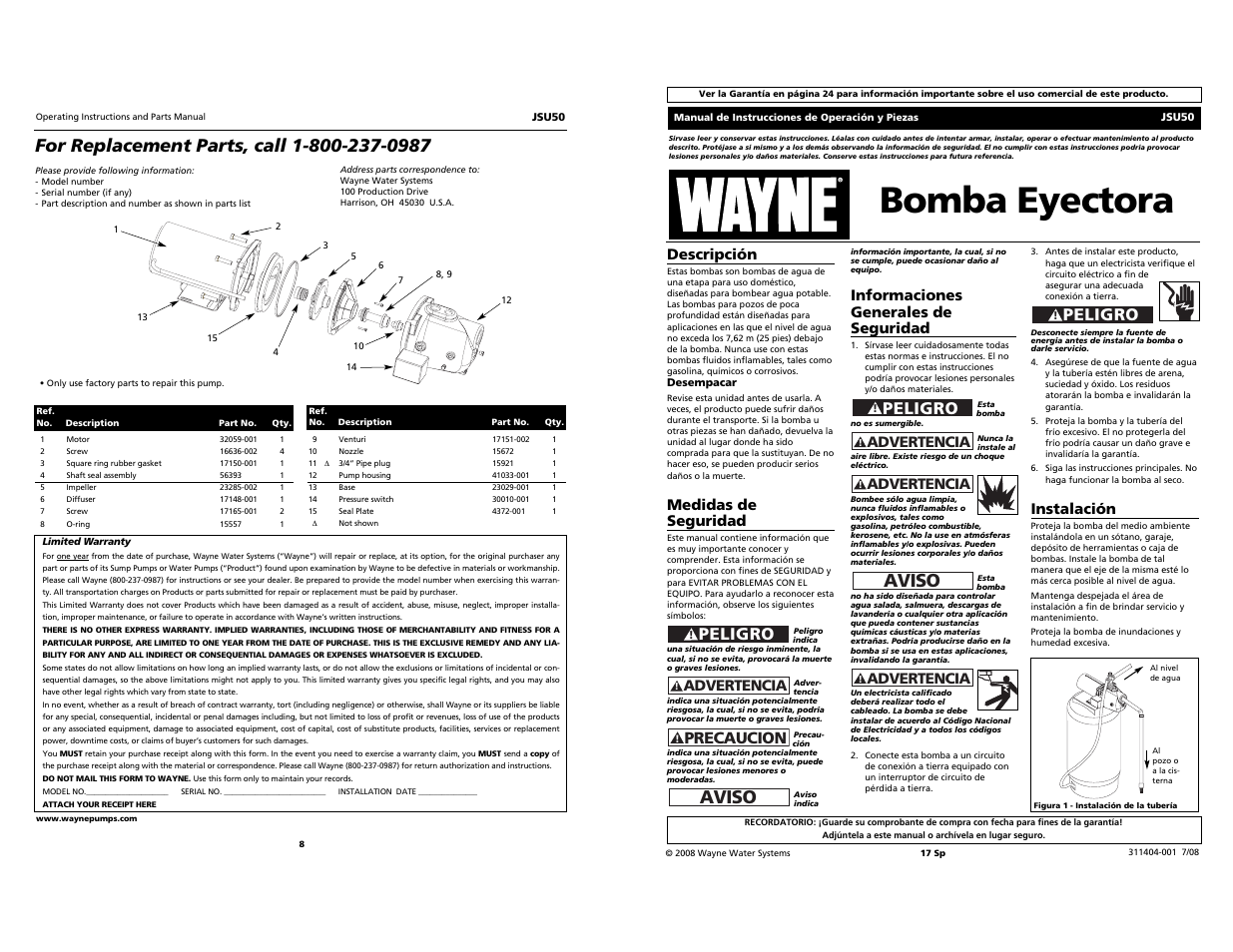 Bomba eyectora, Aviso, Peligro | Precaucion, Descripción, Medidas de seguridad, Advertencia, Informaciones generales de seguridad, Instalación | Wayne Jet Pump JSU50 User Manual | Page 8 / 12