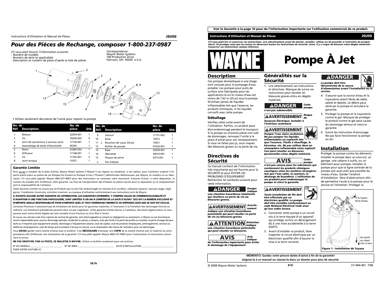 Pompe à jet, Avis, Attention | Danger, Généralités sur la sécurité, Installation, Description, Directives de sécurité | Wayne Jet Pump JSU50 User Manual | Page 9 / 12