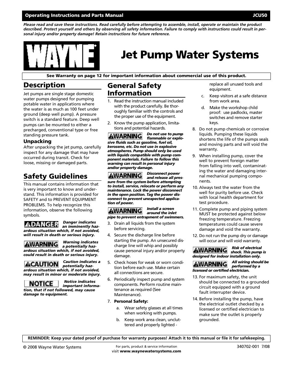 Wayne JCU50 User Manual | 36 pages