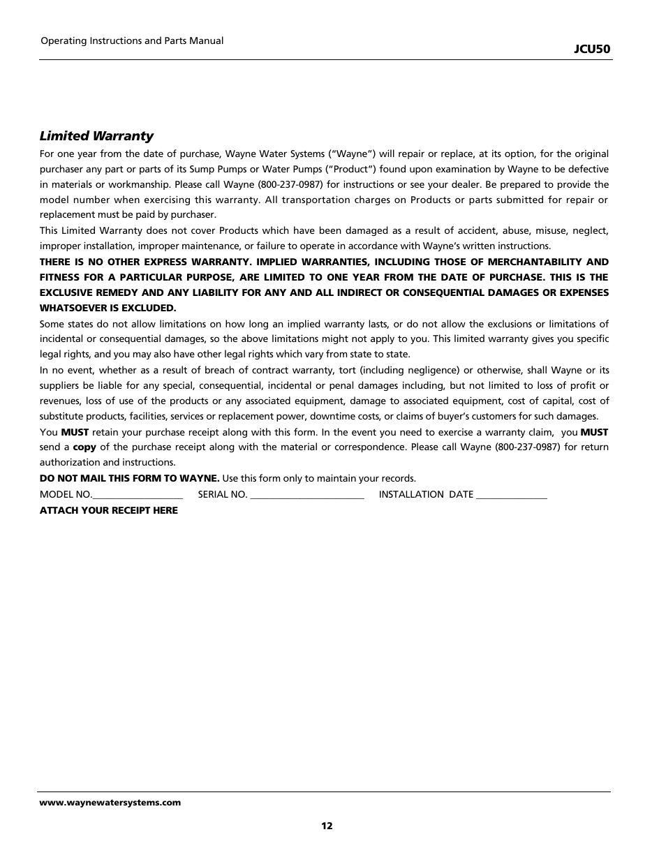 Limited warranty | Wayne JCU50 User Manual | Page 12 / 36