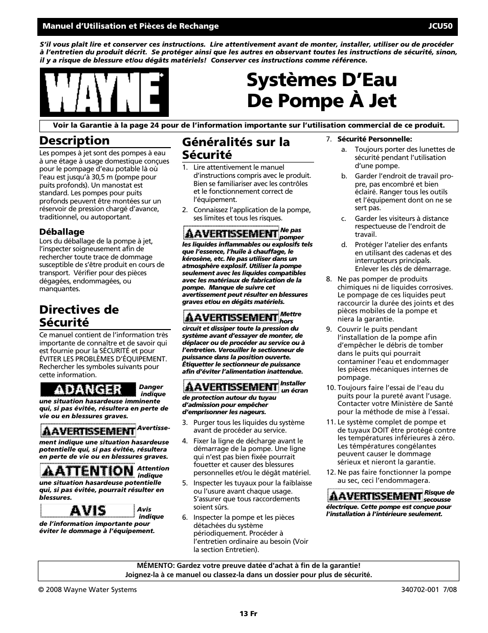 Systèmes d’eau de pompe à jet, Description, Directives de sécurité | Généralités sur la sécurité | Wayne JCU50 User Manual | Page 13 / 36