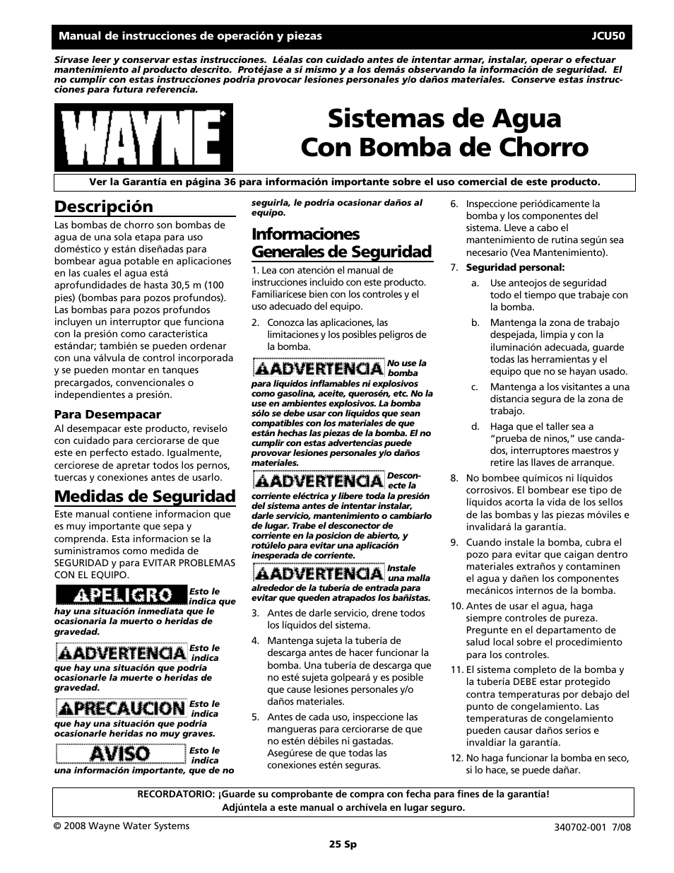 Sistemas de agua con bomba de chorro, Descripción, Medidas de seguridad | Informaciones generales de seguridad | Wayne JCU50 User Manual | Page 25 / 36