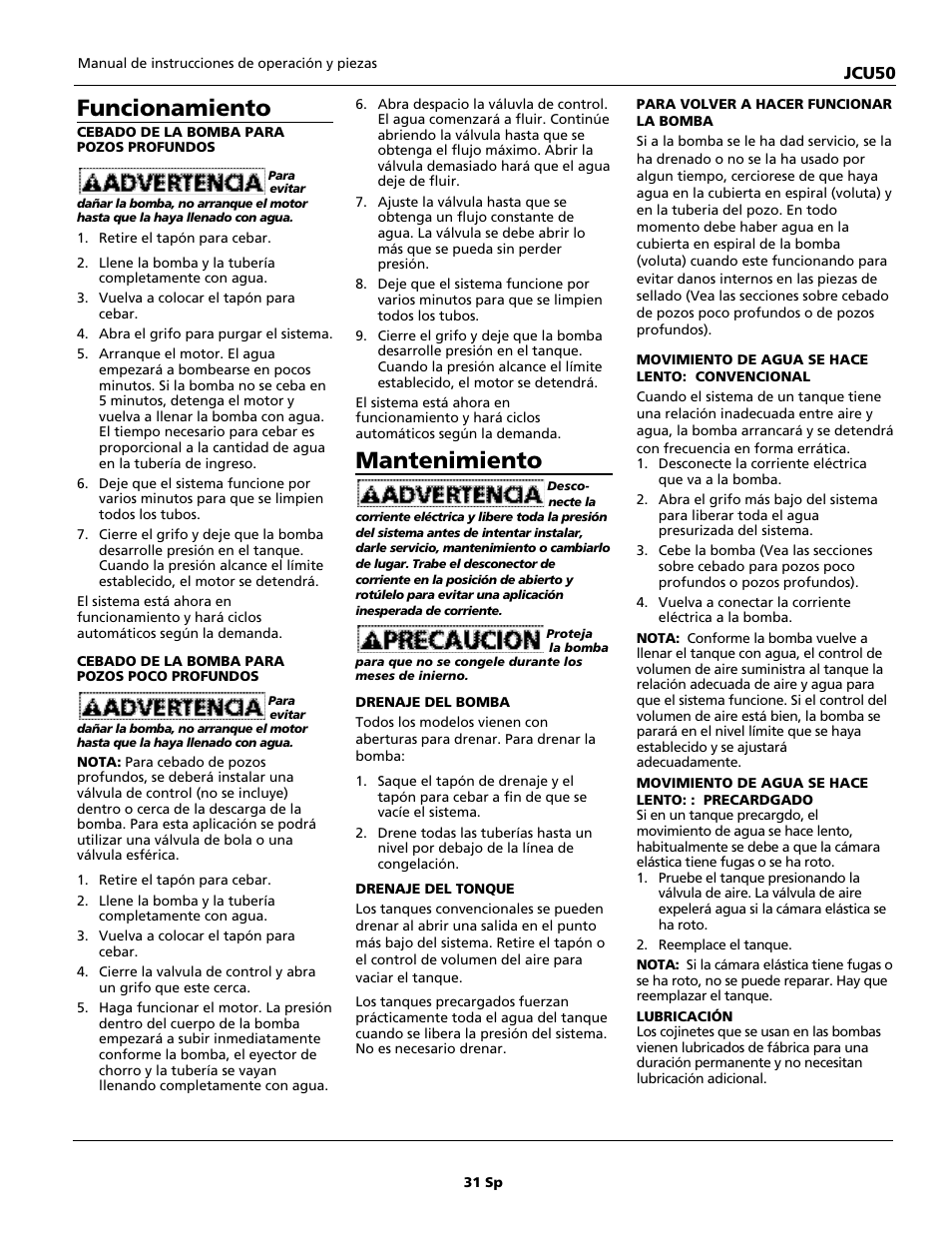 Funcionamiento, Mantenimiento | Wayne JCU50 User Manual | Page 31 / 36