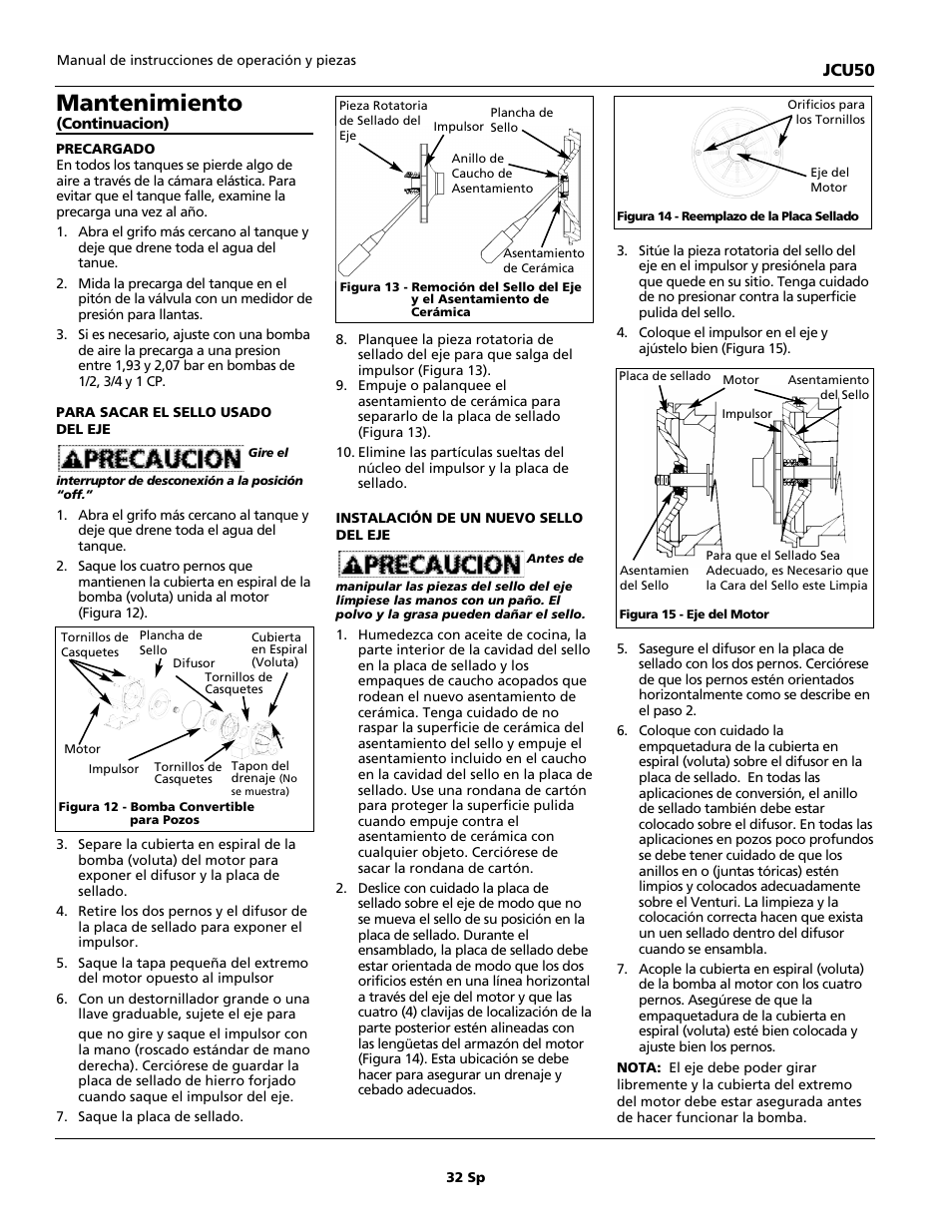 Mantenimiento, Jcu50 | Wayne JCU50 User Manual | Page 32 / 36