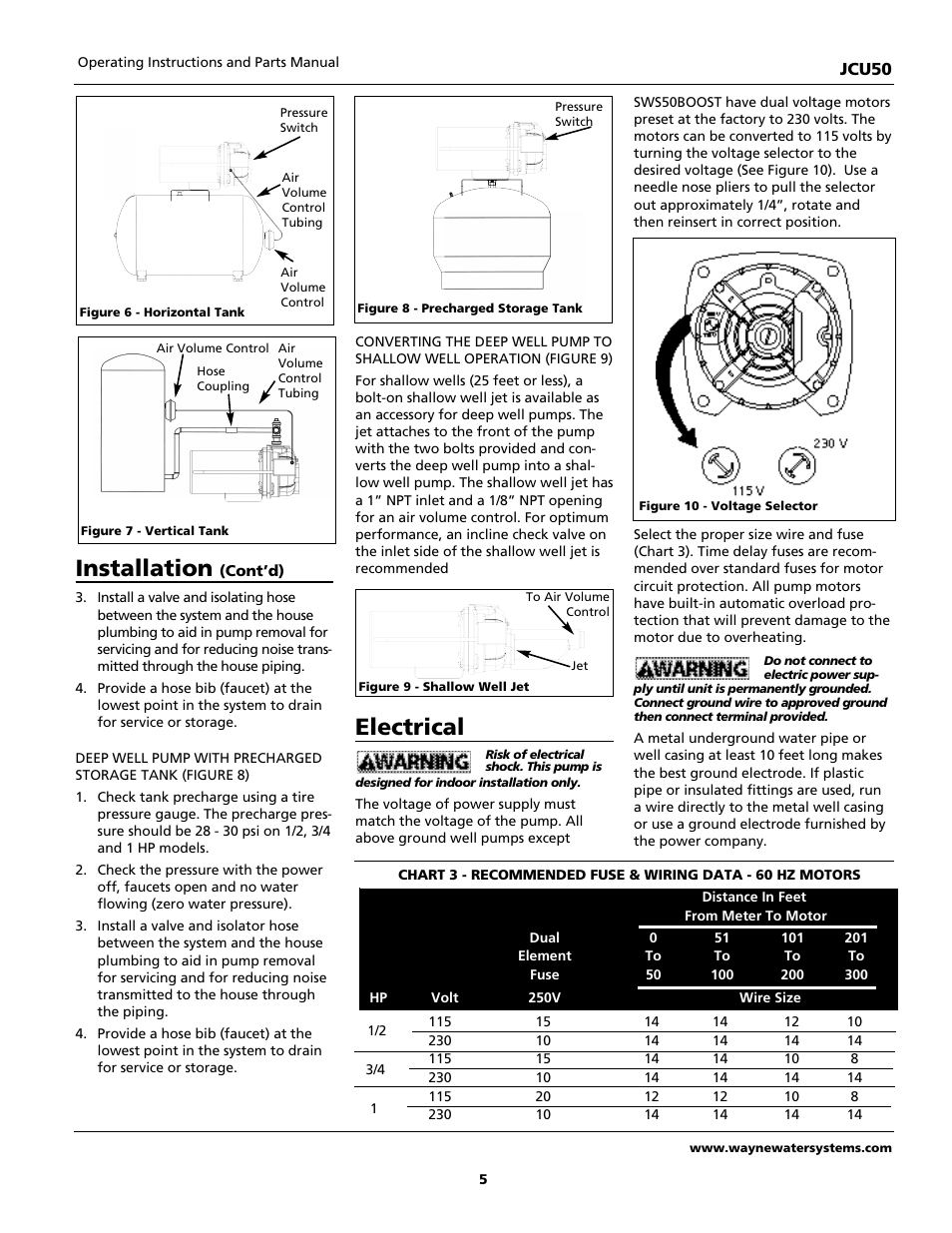 Electrical, Installation | Wayne JCU50 User Manual | Page 5 / 36