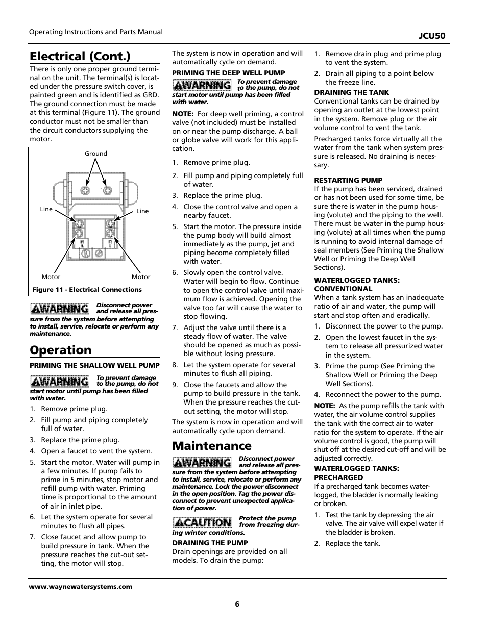 Electrical (cont.), Operation, Maintenance | Wayne JCU50 User Manual | Page 6 / 36