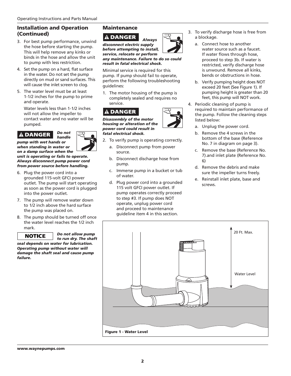 Installation and operation (continued), Maintenance | Wayne 352001-001 User Manual | Page 2 / 4