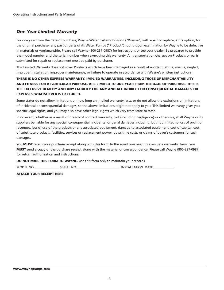 One year limited warranty | Wayne 352001-001 User Manual | Page 4 / 4