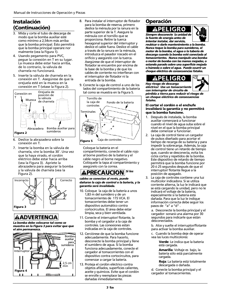 Instalación (continuación), Operación | Wayne 351203-001 User Manual | Page 10 / 12