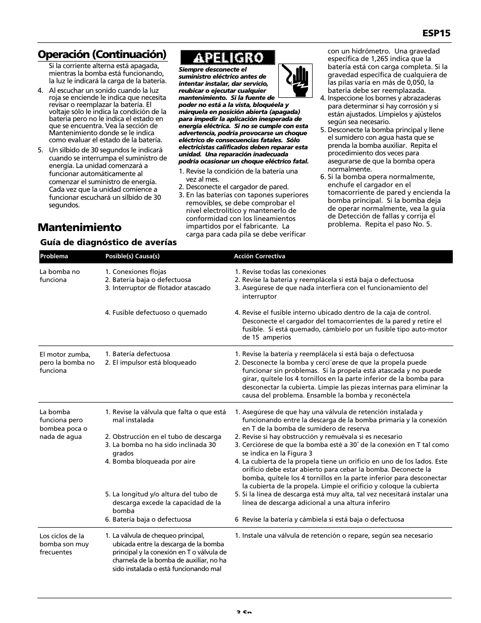 Operación (continuación), Mantenimiento, Esp15 | Wayne 351203-001 User Manual | Page 11 / 12