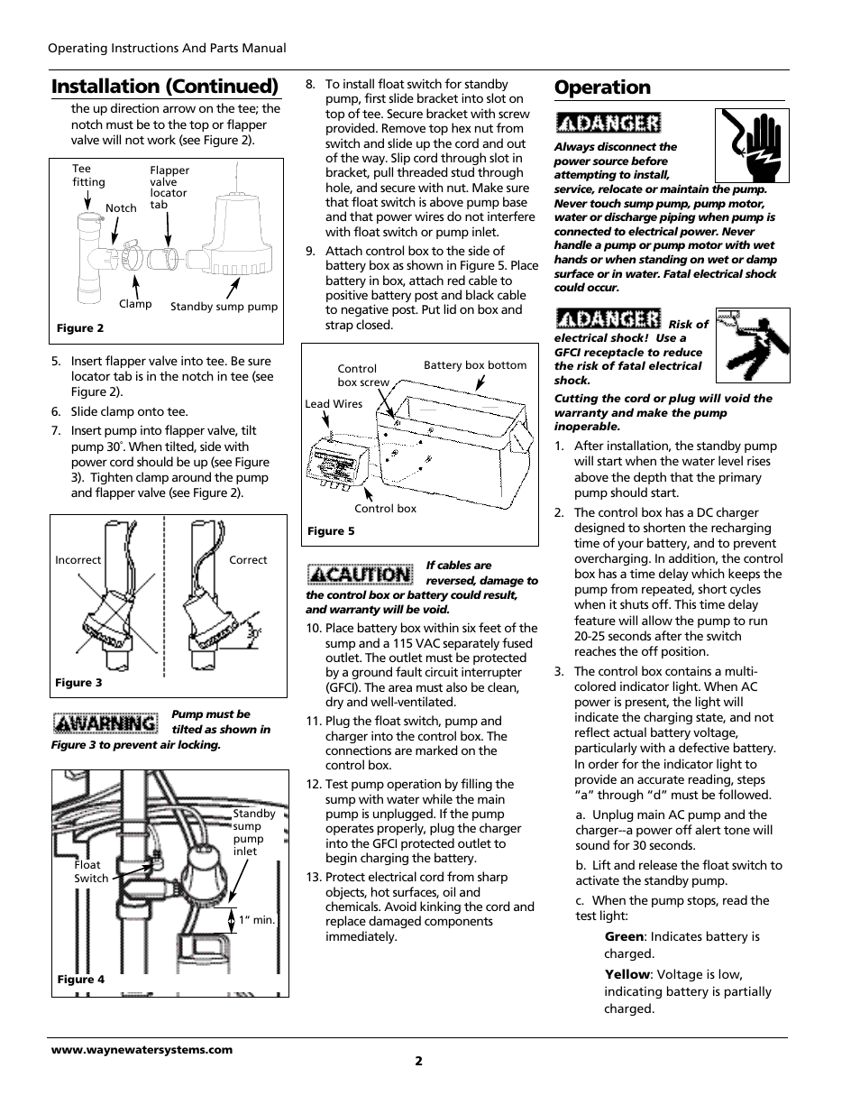 Installation (continued), Operation | Wayne 351203-001 User Manual | Page 2 / 12