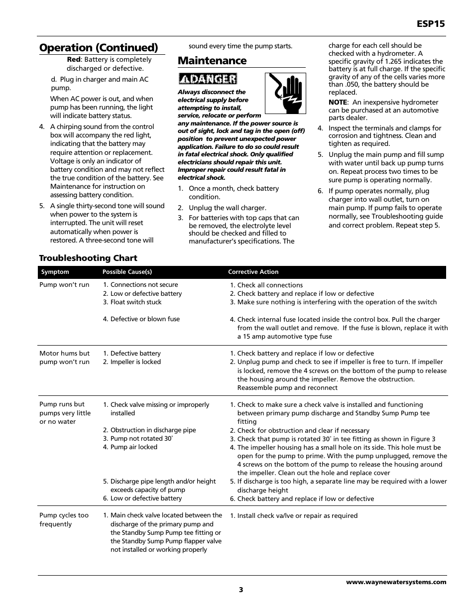 Operation (continued), Maintenance, Esp15 | Wayne 351203-001 User Manual | Page 3 / 12