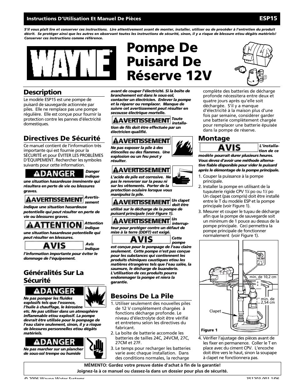 Pompe de puisard de réserve 12v, Description, Directives de sécurité | Généralités sur la sécurité, Besoins de la pile, Montage, Esp15 | Wayne 351203-001 User Manual | Page 5 / 12