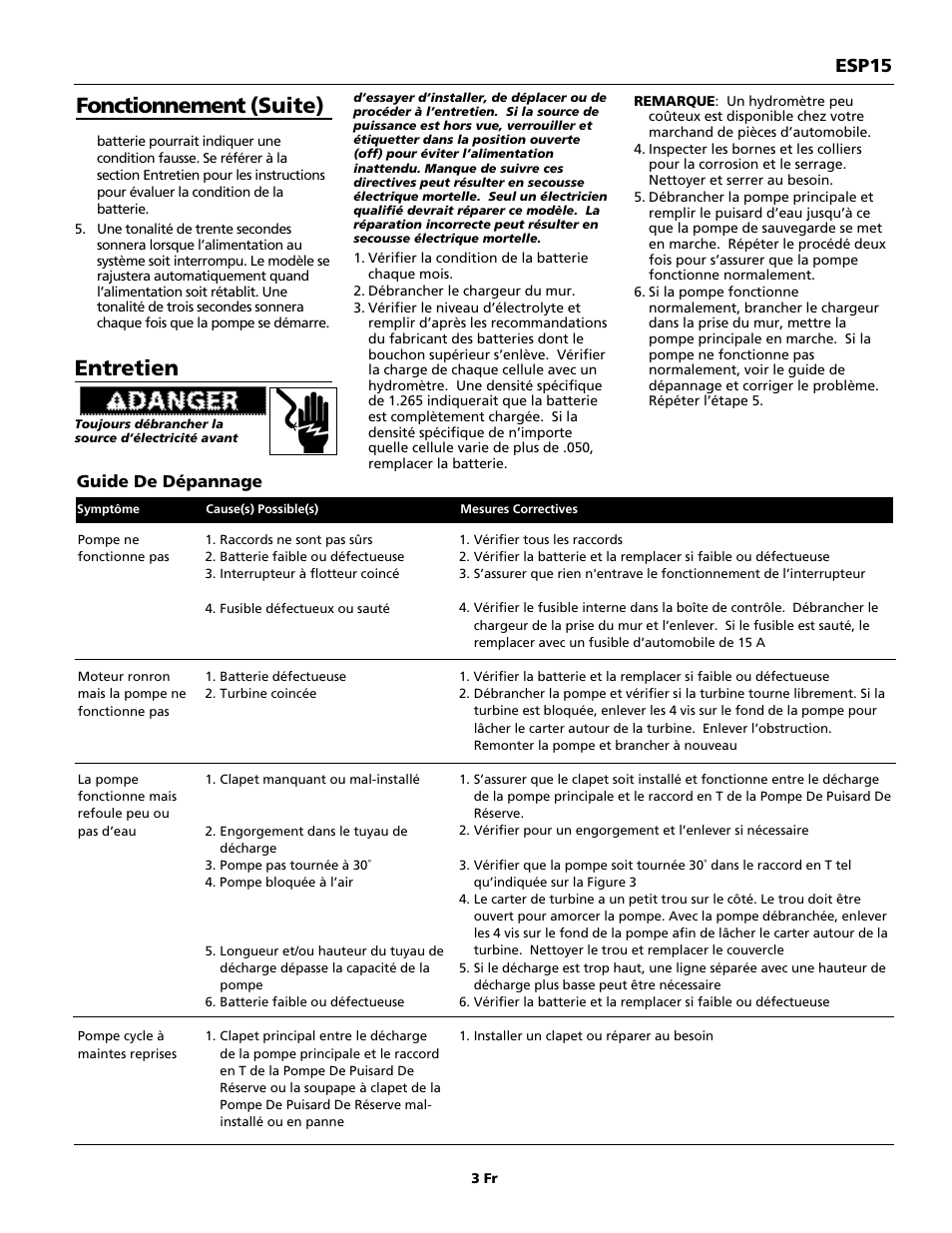 Entretien, Fonctionnement (suite), Esp15 | Wayne 351203-001 User Manual | Page 7 / 12