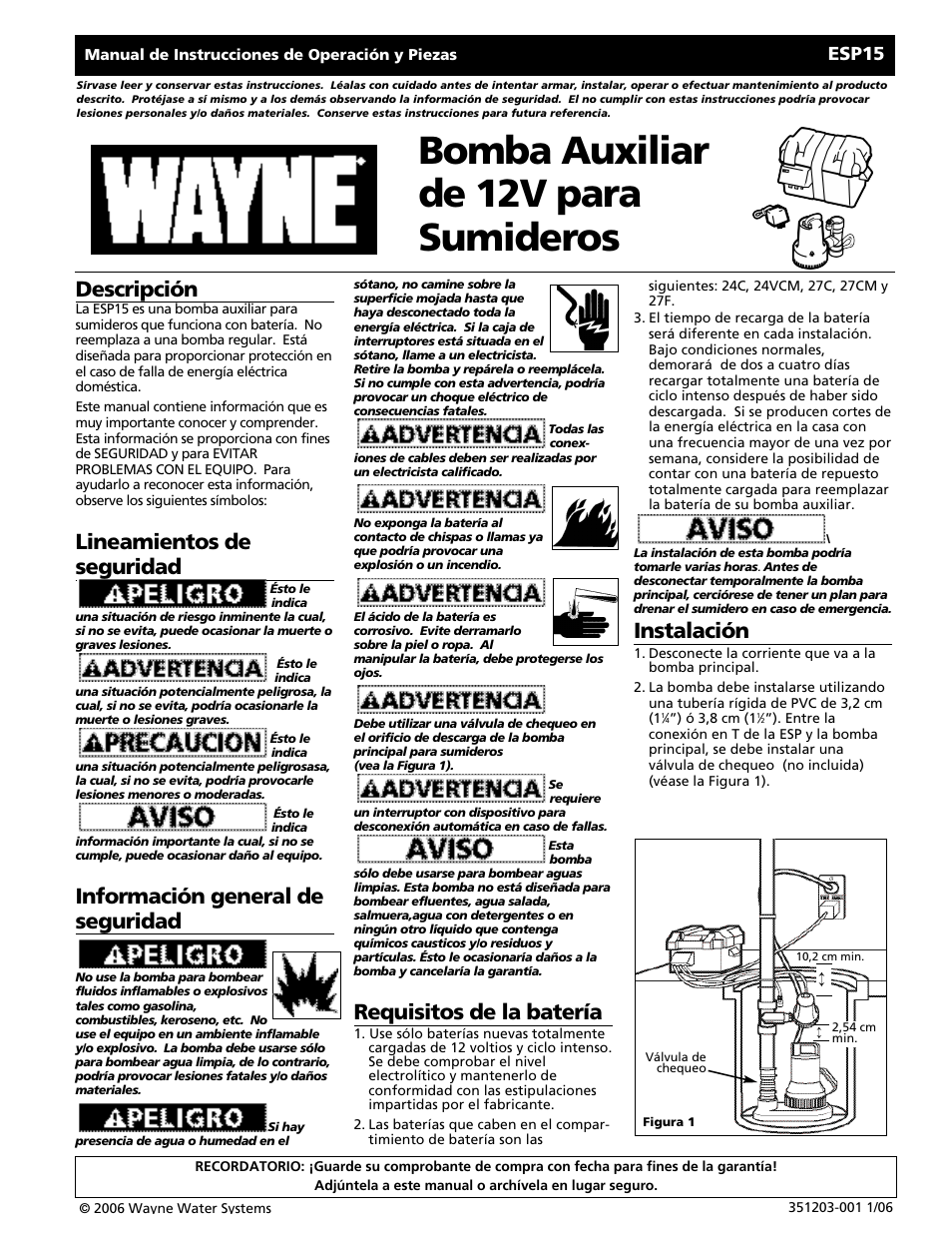 Bomba auxiliar de 12v para sumideros, Instalación, Descripción | Lineamientos de seguridad, Información general de seguridad, Requisitos de la batería, Esp15 | Wayne 351203-001 User Manual | Page 9 / 12