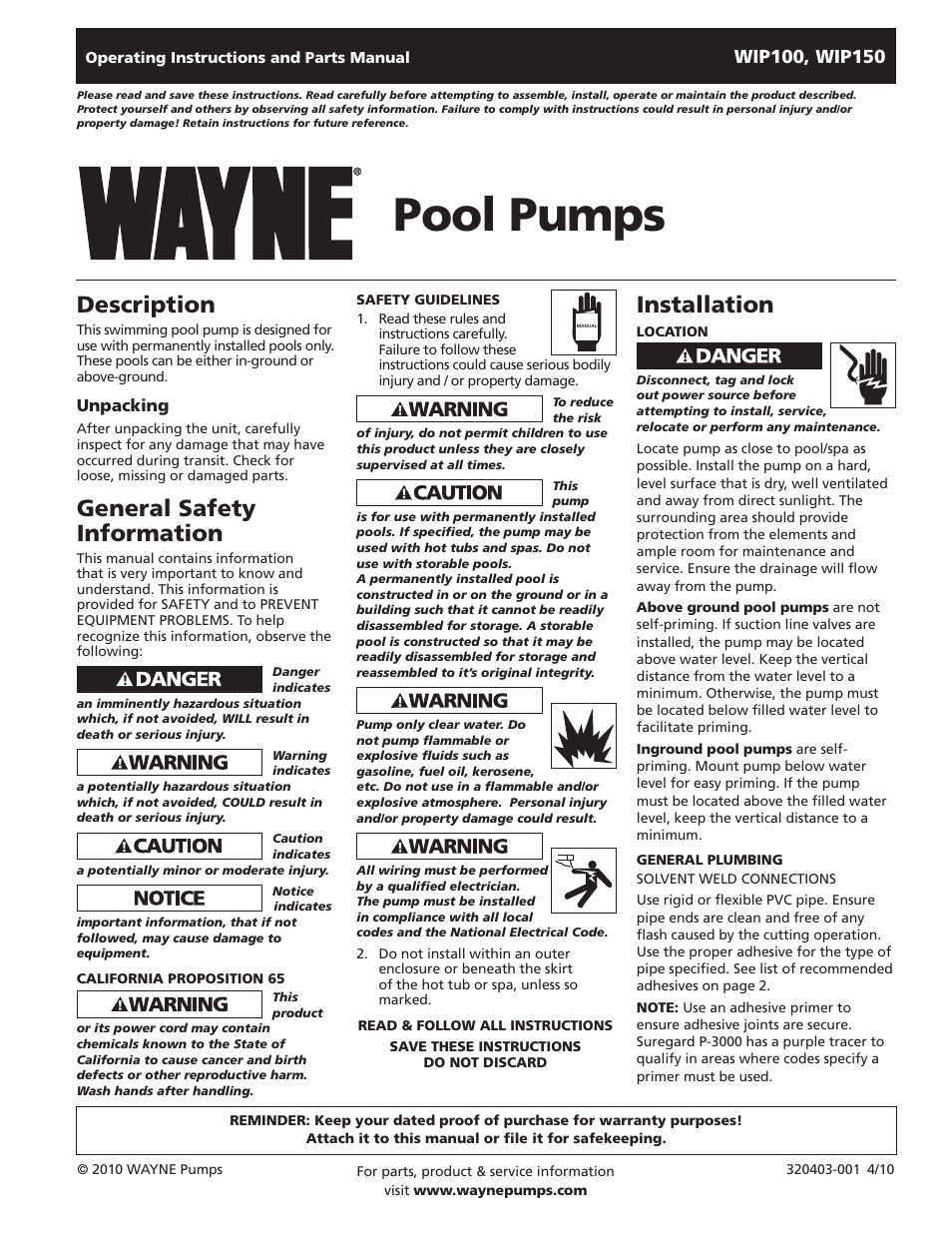 Wayne WIP100 User Manual | 4 pages