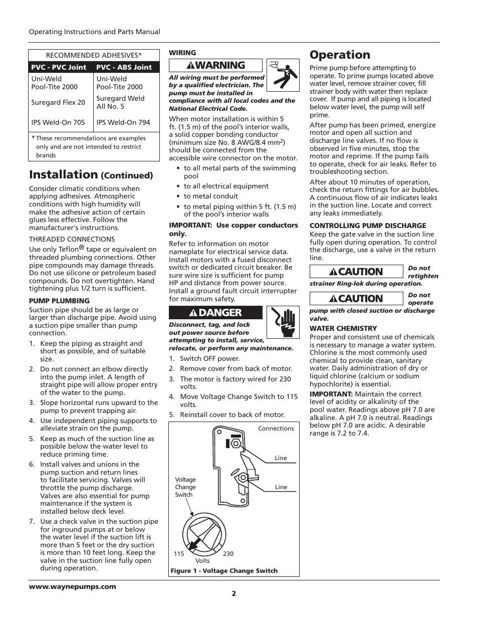 Installation, Operation | Wayne WIP100 User Manual | Page 2 / 4