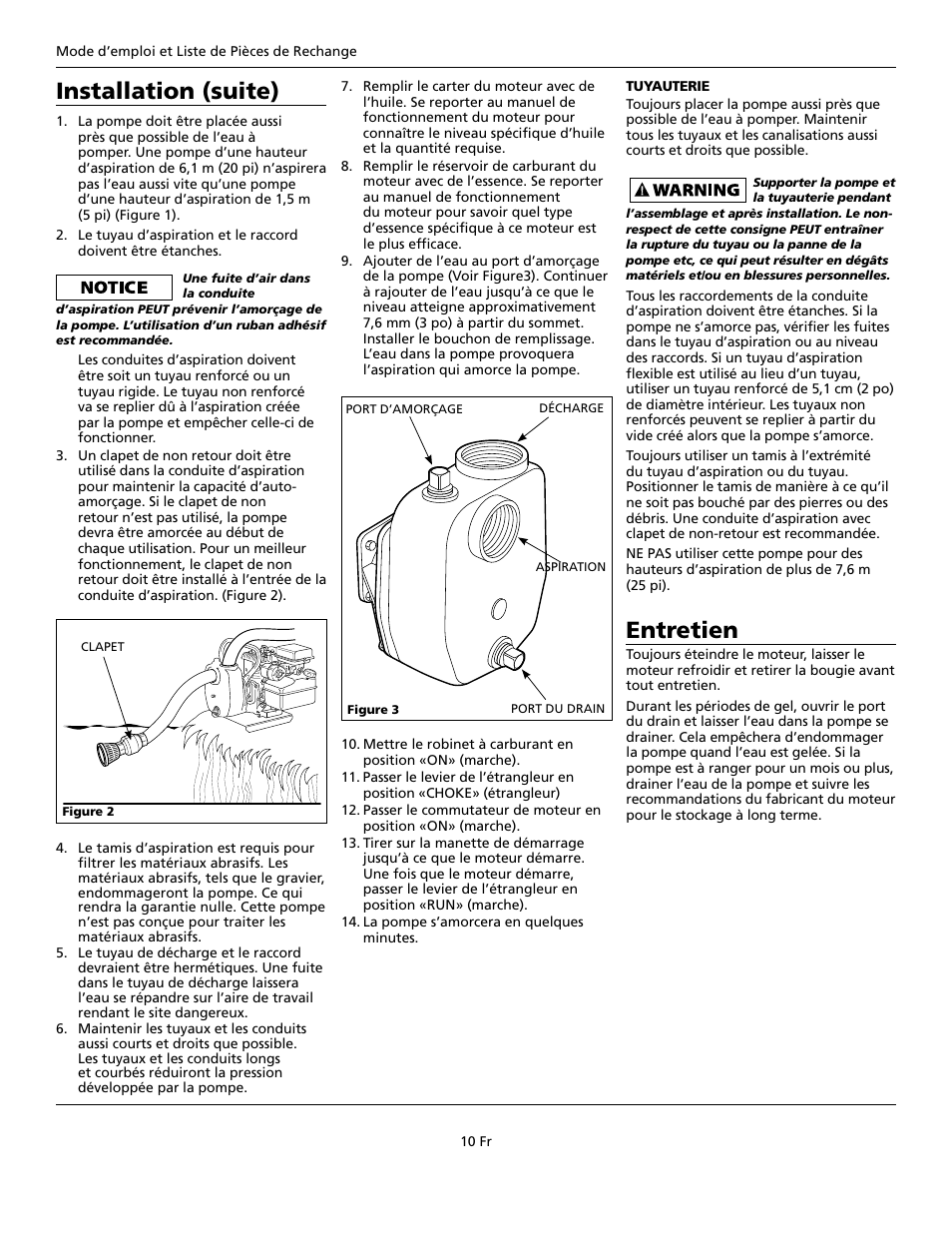 Entretien, Installation (suite) | Wayne GPB400 User Manual | Page 10 / 20