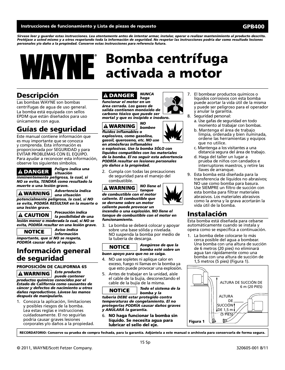 Bomba centrífuga activada a motor, Descripción, Guías de seguridad | Información general de seguridad, Instalación, Gpb400 | Wayne GPB400 User Manual | Page 15 / 20