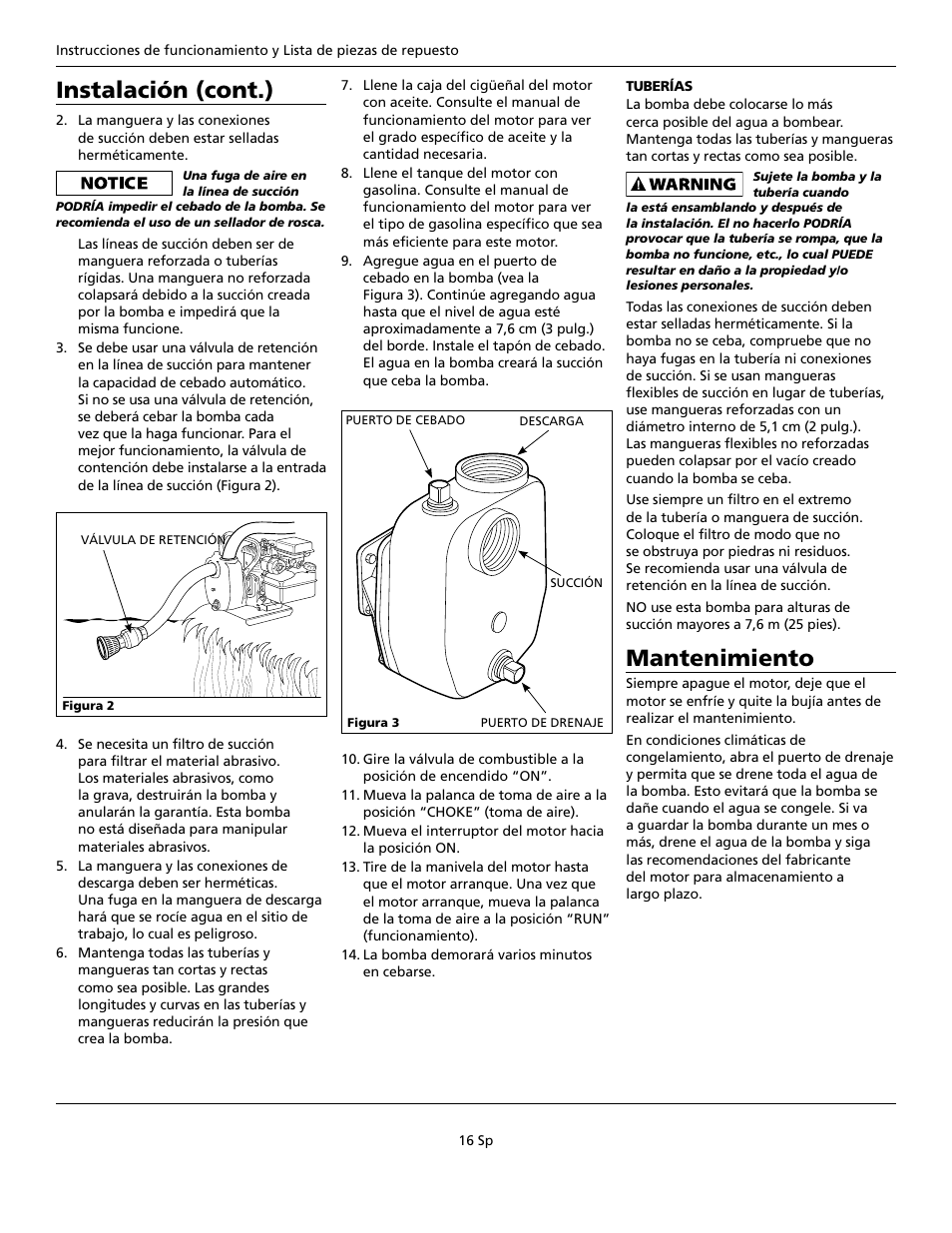Mantenimiento, Instalación (cont.) | Wayne GPB400 User Manual | Page 16 / 20