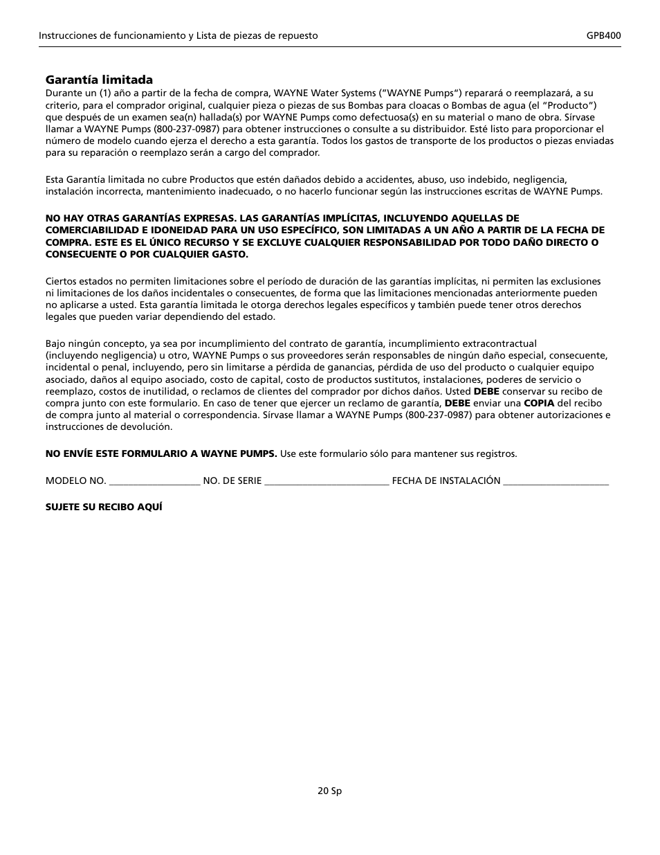 Wayne GPB400 User Manual | Page 20 / 20