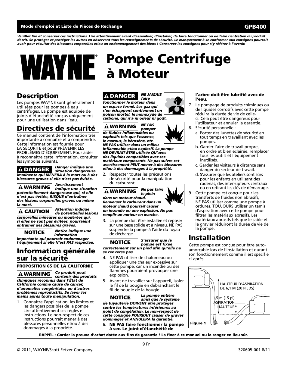 Pompe centrifuge à moteur, Description, Directives de sécurité | Information générale sur la sécurité, Installation, Gpb400 | Wayne GPB400 User Manual | Page 9 / 20