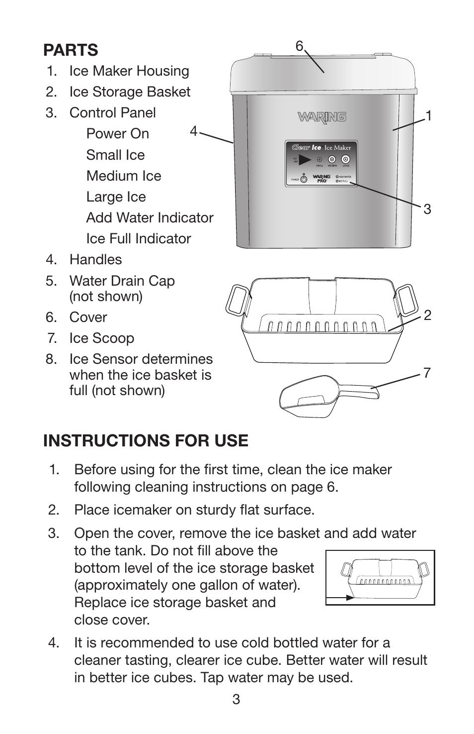 Parts, Instructions for use | Waring CLEARICE WIM30 User Manual | Page 4 / 8
