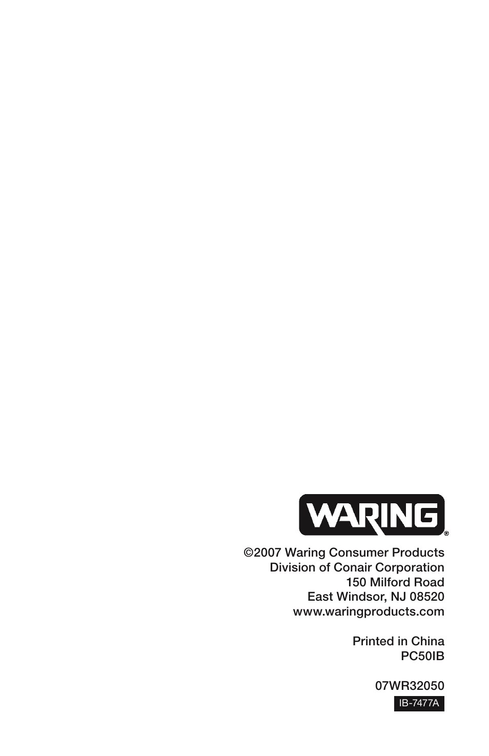 Waring PC50 User Manual | Page 10 / 10
