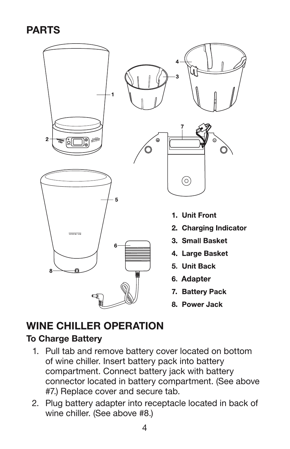 Wine chiller operation, Parts | Waring PC50 User Manual | Page 5 / 10