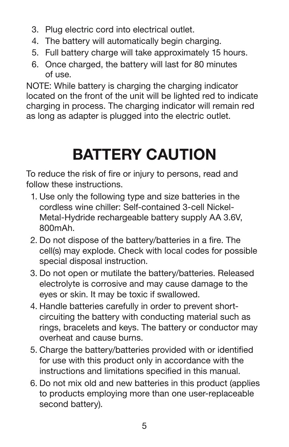 Battery caution | Waring PC50 User Manual | Page 6 / 10