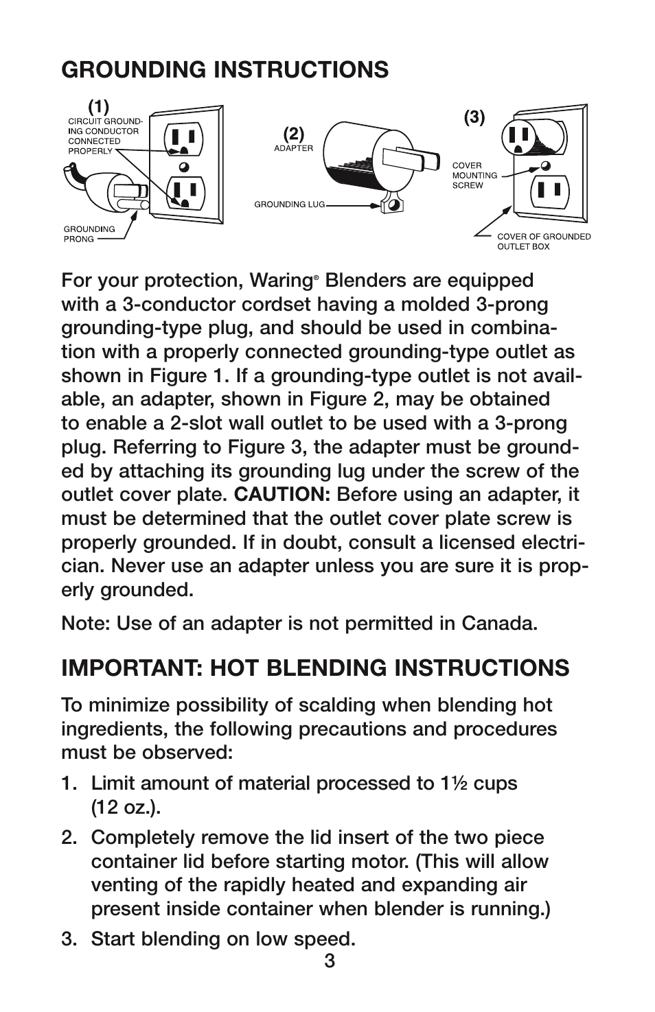Grounding instructions, Important: hot blending instructions | Waring MEGAMIX HPB300BK User Manual | Page 4 / 8