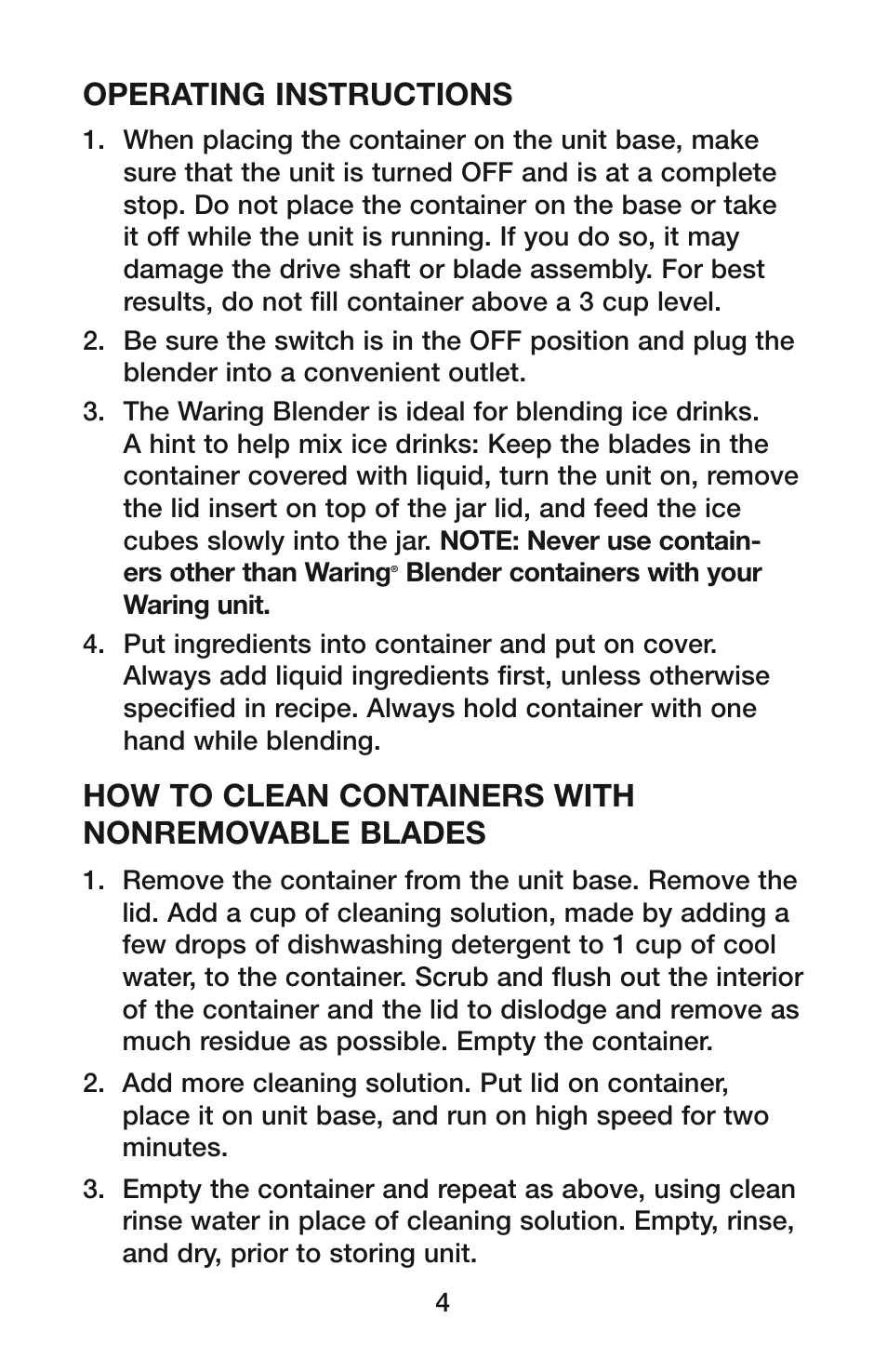 Operating instructions, How to clean containers with nonremovable blades | Waring MEGAMIX HPB300BK User Manual | Page 5 / 8