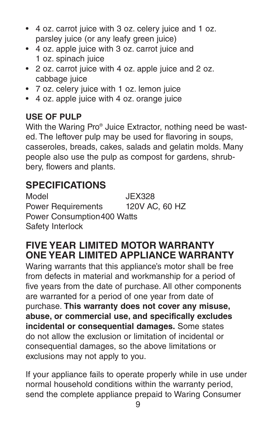 Specifications | Waring Juice Exractor JEX328 User Manual | Page 10 / 12